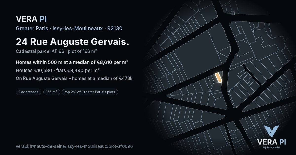 24 Rue Auguste Gervais, Issy-les-Moulineaux at night – the plot lit, the parcels around coloured by the prices near them