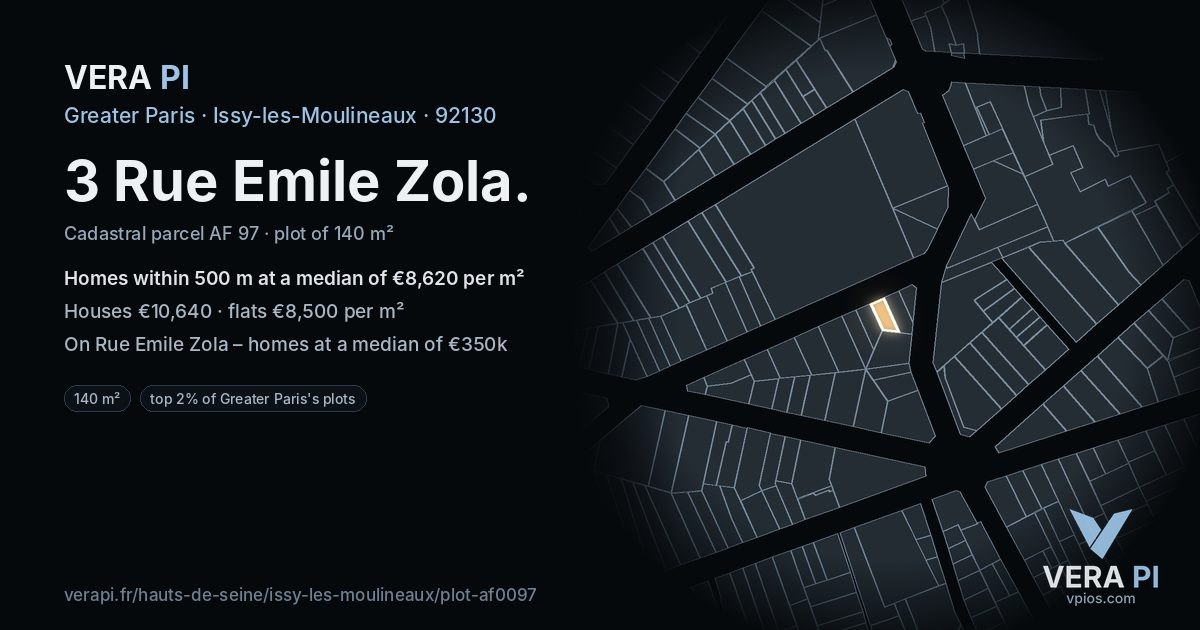 3 Rue Emile Zola, Issy-les-Moulineaux at night – the plot lit, the parcels around coloured by the prices near them