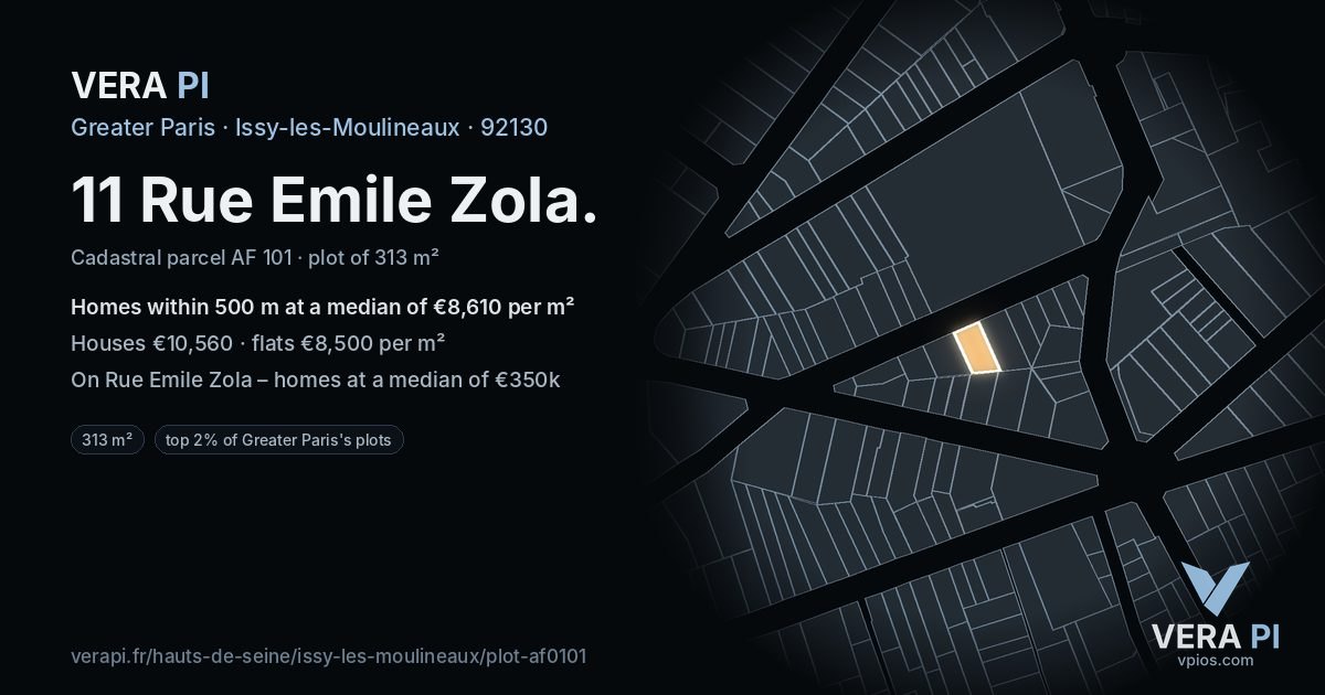 11 Rue Emile Zola, Issy-les-Moulineaux at night – the plot lit, the parcels around coloured by the prices near them