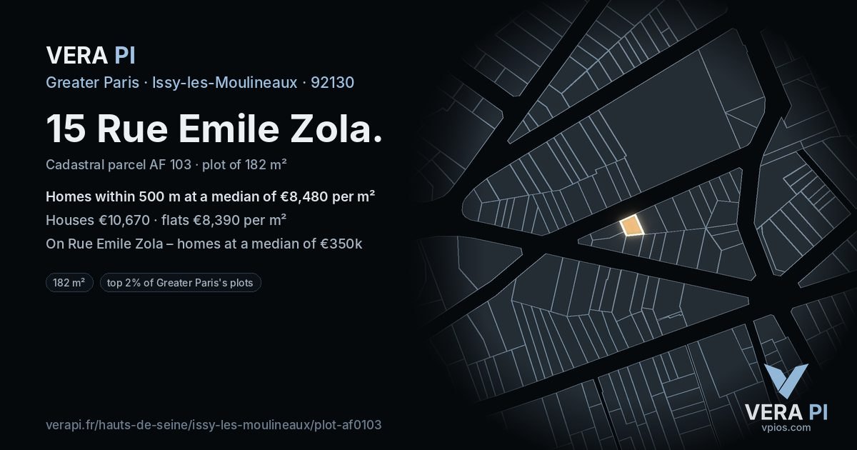 15 Rue Emile Zola, Issy-les-Moulineaux at night – the plot lit, the parcels around coloured by the prices near them