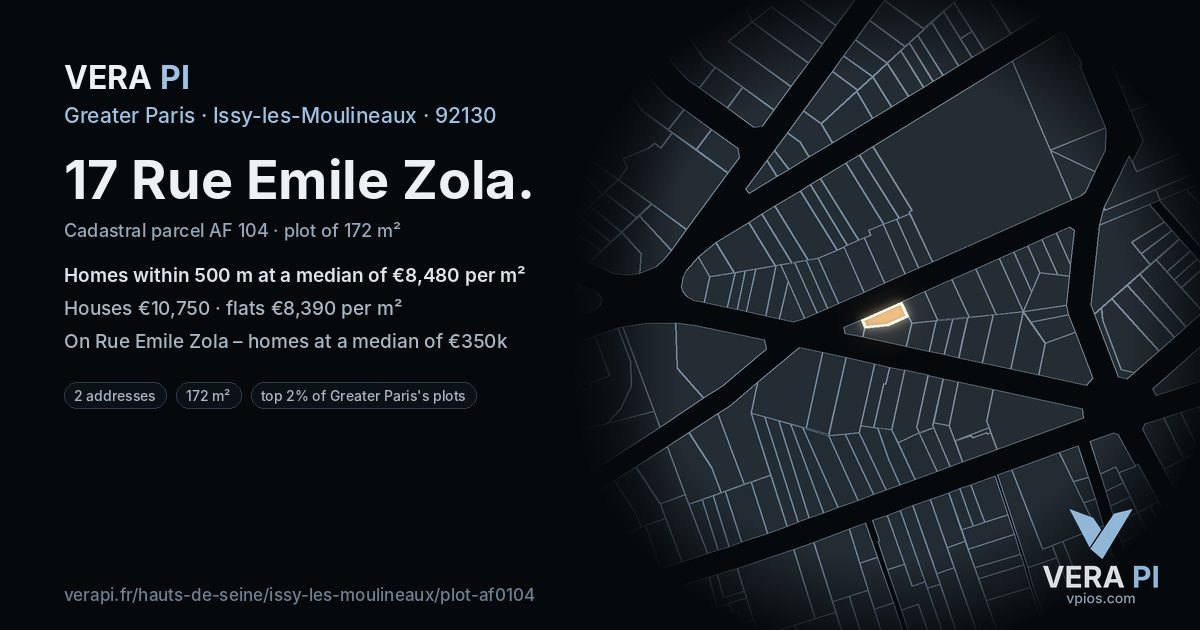 17 Rue Emile Zola, Issy-les-Moulineaux at night – the plot lit, the parcels around coloured by the prices near them