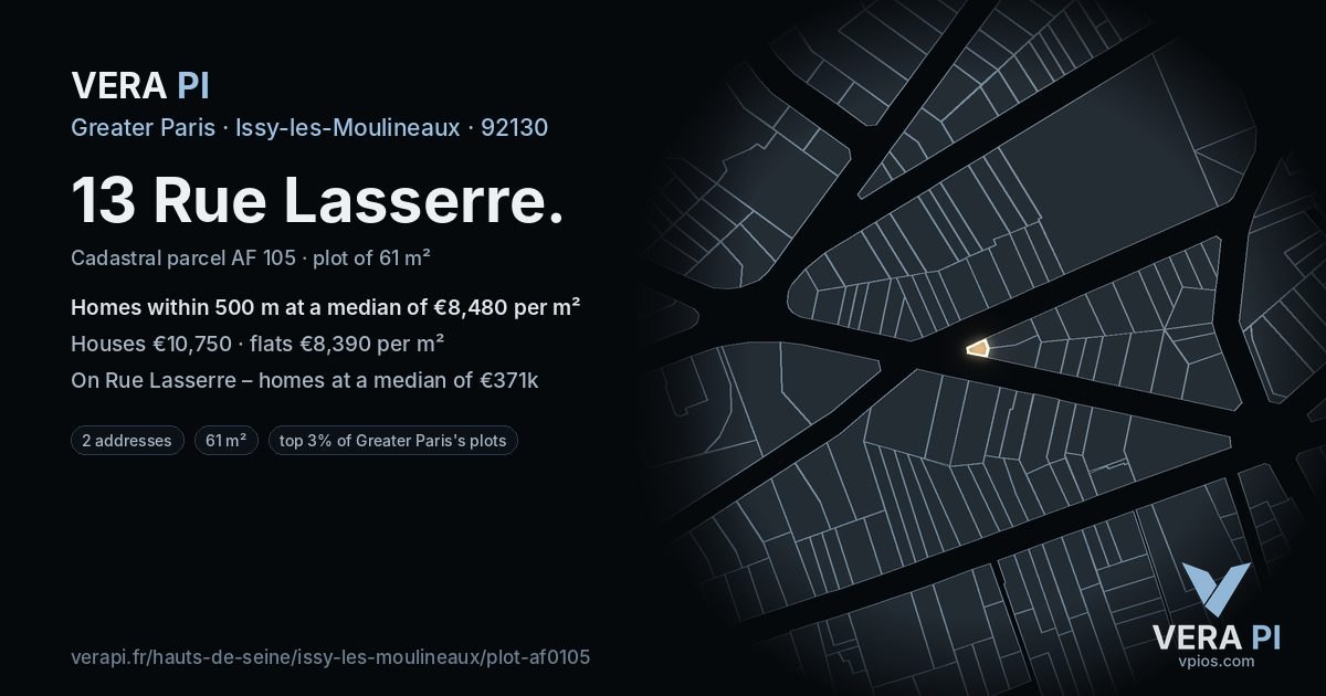 13 Rue Lasserre, Issy-les-Moulineaux at night – the plot lit, the parcels around coloured by the prices near them