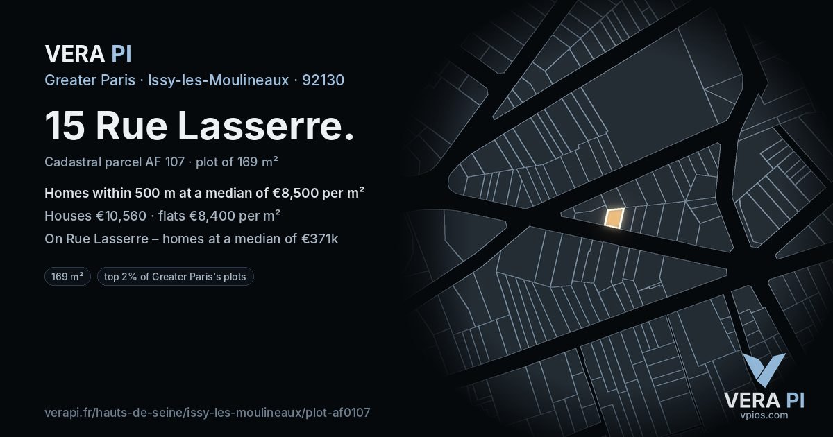 15 Rue Lasserre, Issy-les-Moulineaux at night – the plot lit, the parcels around coloured by the prices near them