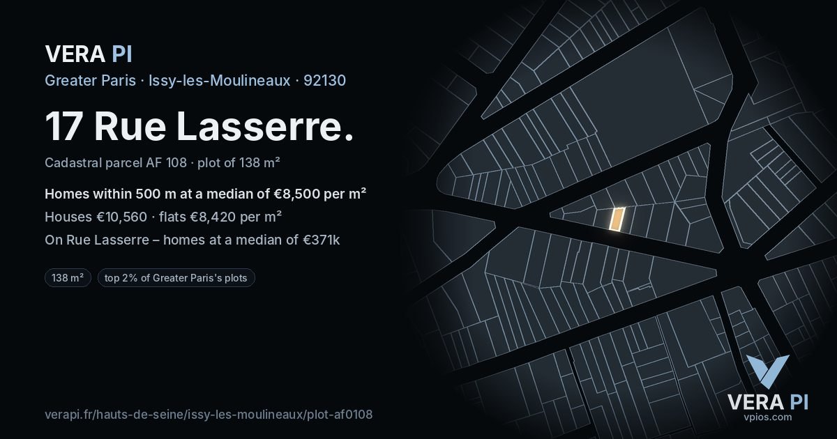 17 Rue Lasserre, Issy-les-Moulineaux at night – the plot lit, the parcels around coloured by the prices near them