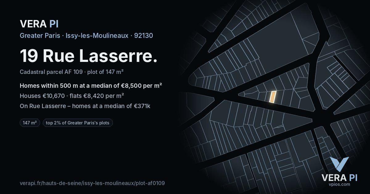 19 Rue Lasserre, Issy-les-Moulineaux at night – the plot lit, the parcels around coloured by the prices near them