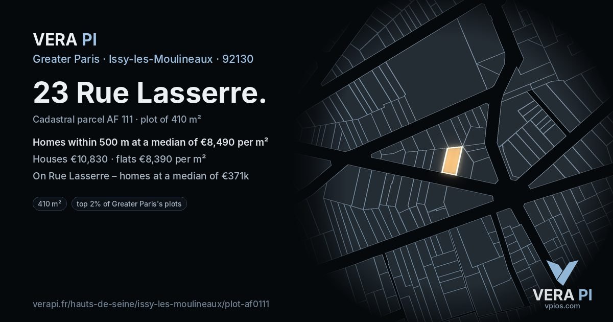 23 Rue Lasserre, Issy-les-Moulineaux at night – the plot lit, the parcels around coloured by the prices near them