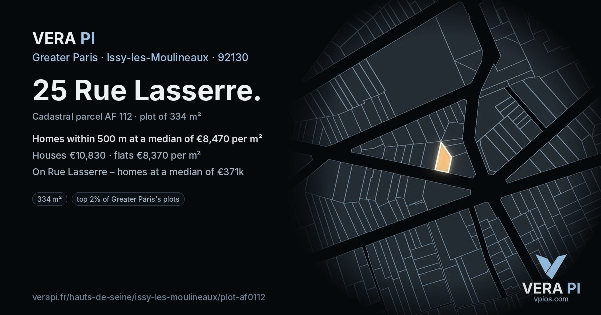 25 Rue Lasserre, Issy-les-Moulineaux at night – the plot lit, the parcels around coloured by the prices near them
