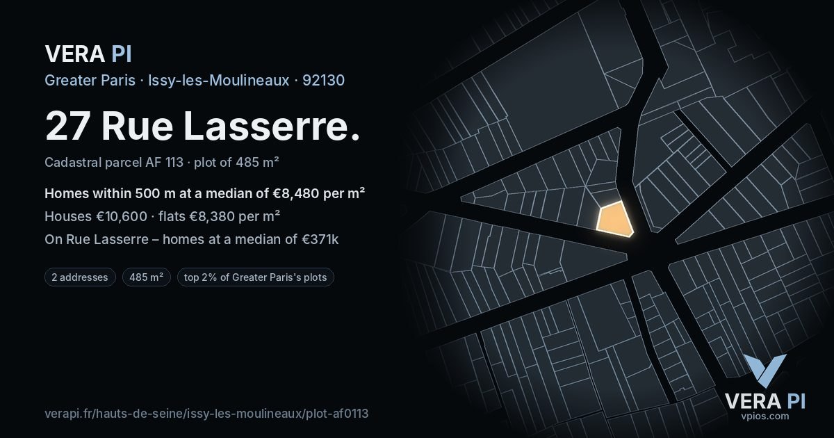 27 Rue Lasserre, Issy-les-Moulineaux at night – the plot lit, the parcels around coloured by the prices near them