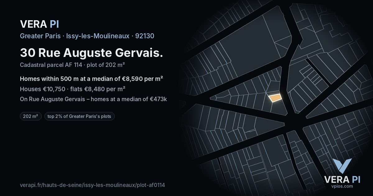30 Rue Auguste Gervais, Issy-les-Moulineaux at night – the plot lit, the parcels around coloured by the prices near them