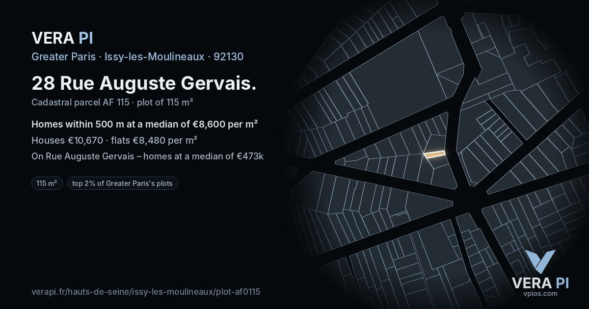 28 Rue Auguste Gervais, Issy-les-Moulineaux at night – the plot lit, the parcels around coloured by the prices near them