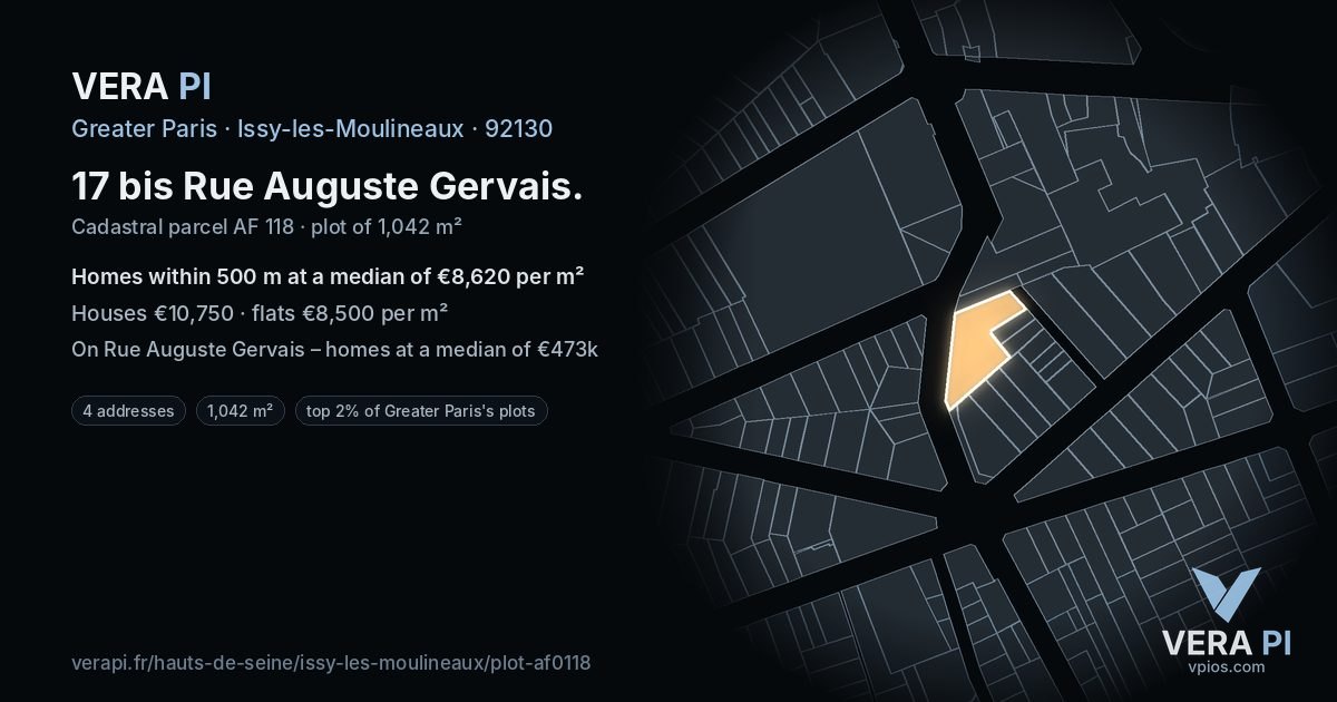 17 bis Rue Auguste Gervais, Issy-les-Moulineaux at night – the plot lit, the parcels around coloured by the prices near them