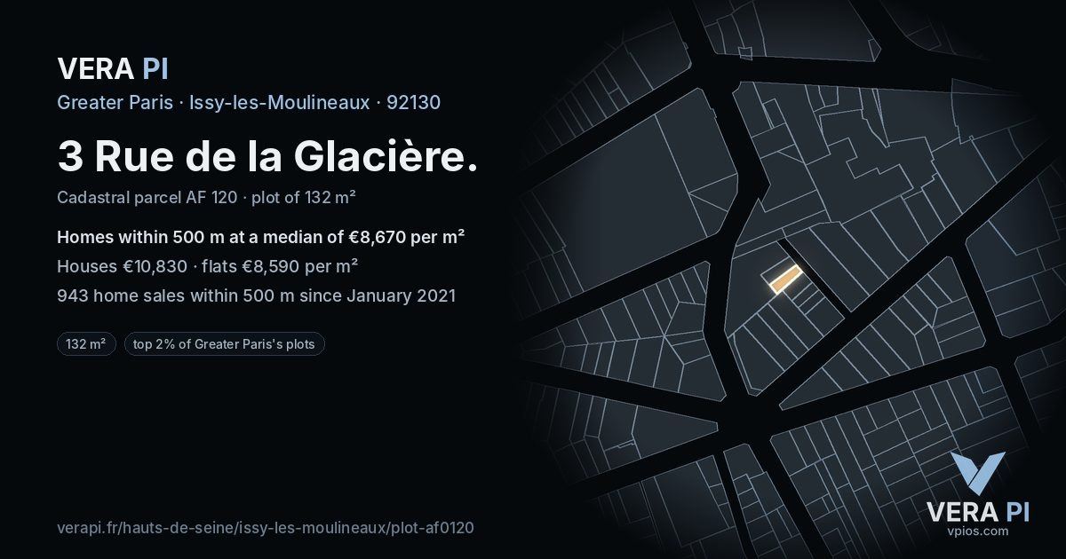3 Rue de la Glacière, Issy-les-Moulineaux at night – the plot lit, the parcels around coloured by the prices near them