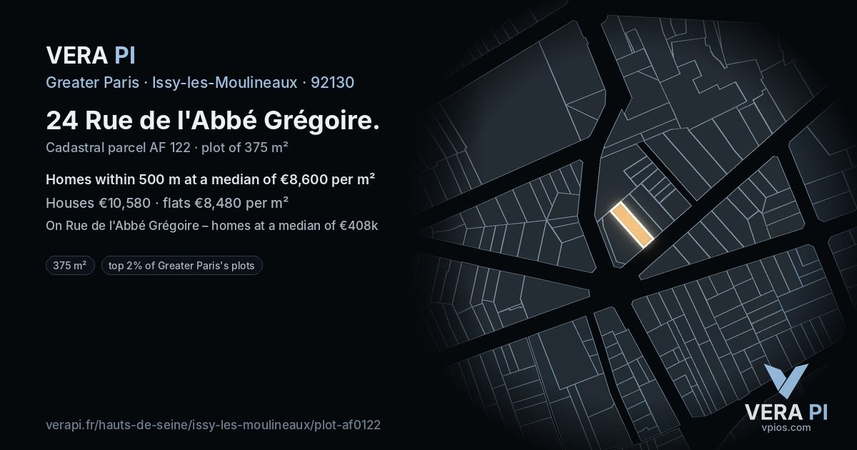 24 Rue de l'Abbé Grégoire, Issy-les-Moulineaux at night – the plot lit, the parcels around coloured by the prices near them