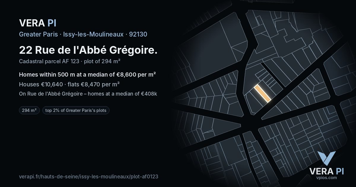 22 Rue de l'Abbé Grégoire, Issy-les-Moulineaux at night – the plot lit, the parcels around coloured by the prices near them