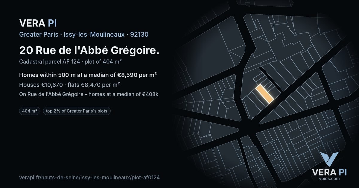 20 Rue de l'Abbé Grégoire, Issy-les-Moulineaux at night – the plot lit, the parcels around coloured by the prices near them