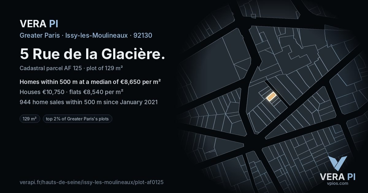 5 Rue de la Glacière, Issy-les-Moulineaux at night – the plot lit, the parcels around coloured by the prices near them