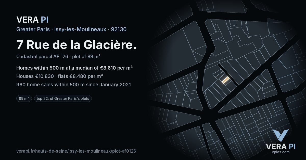 7 Rue de la Glacière, Issy-les-Moulineaux at night – the plot lit, the parcels around coloured by the prices near them