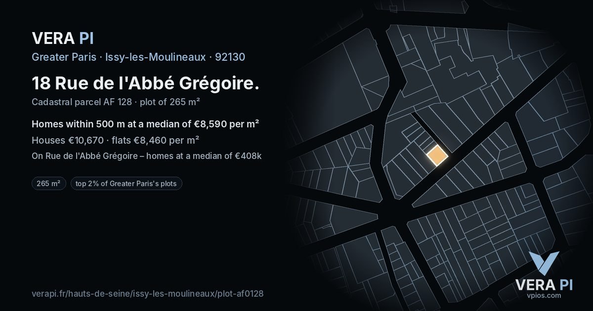 18 Rue de l'Abbé Grégoire, Issy-les-Moulineaux at night – the plot lit, the parcels around coloured by the prices near them