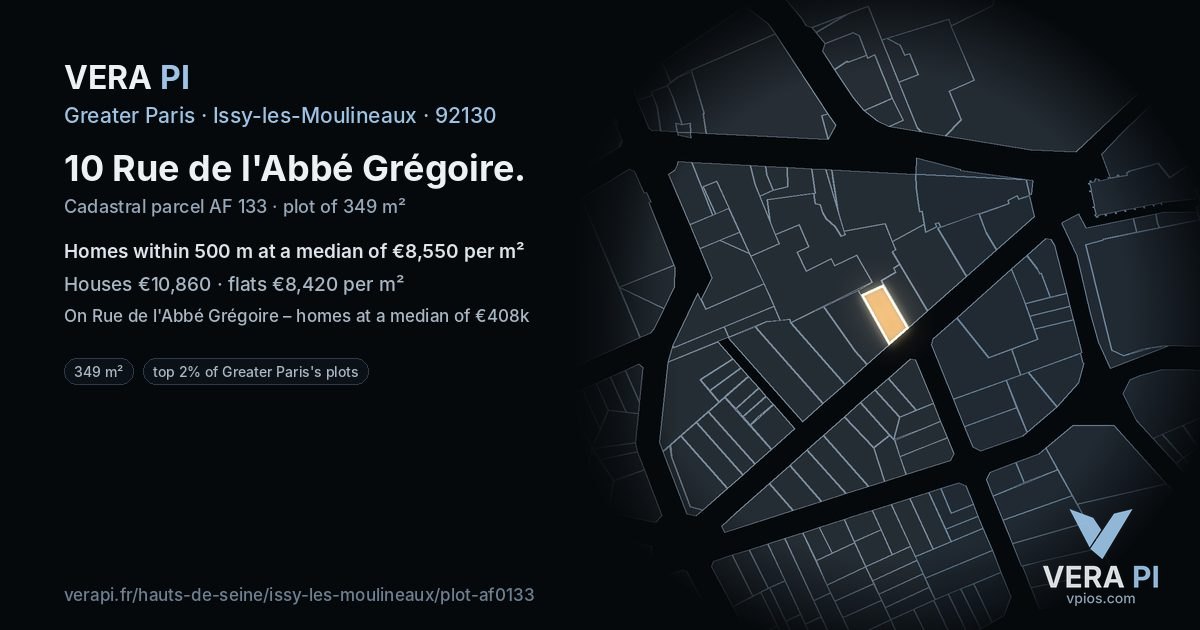 10 Rue de l'Abbé Grégoire, Issy-les-Moulineaux at night – the plot lit, the parcels around coloured by the prices near them