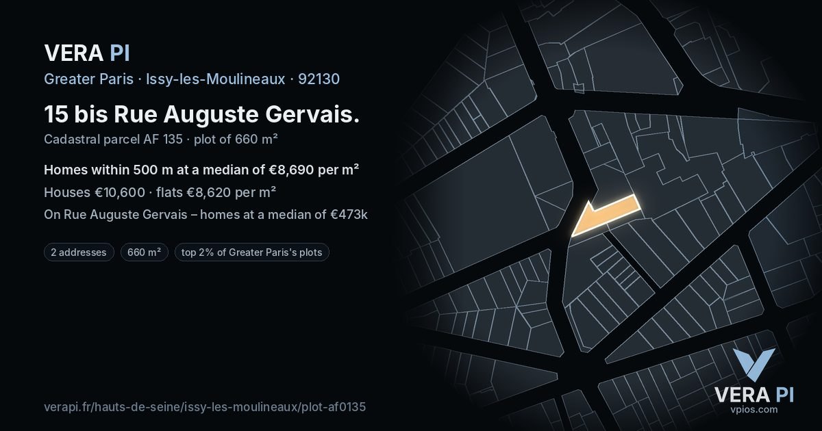 15 bis Rue Auguste Gervais, Issy-les-Moulineaux at night – the plot lit, the parcels around coloured by the prices near them