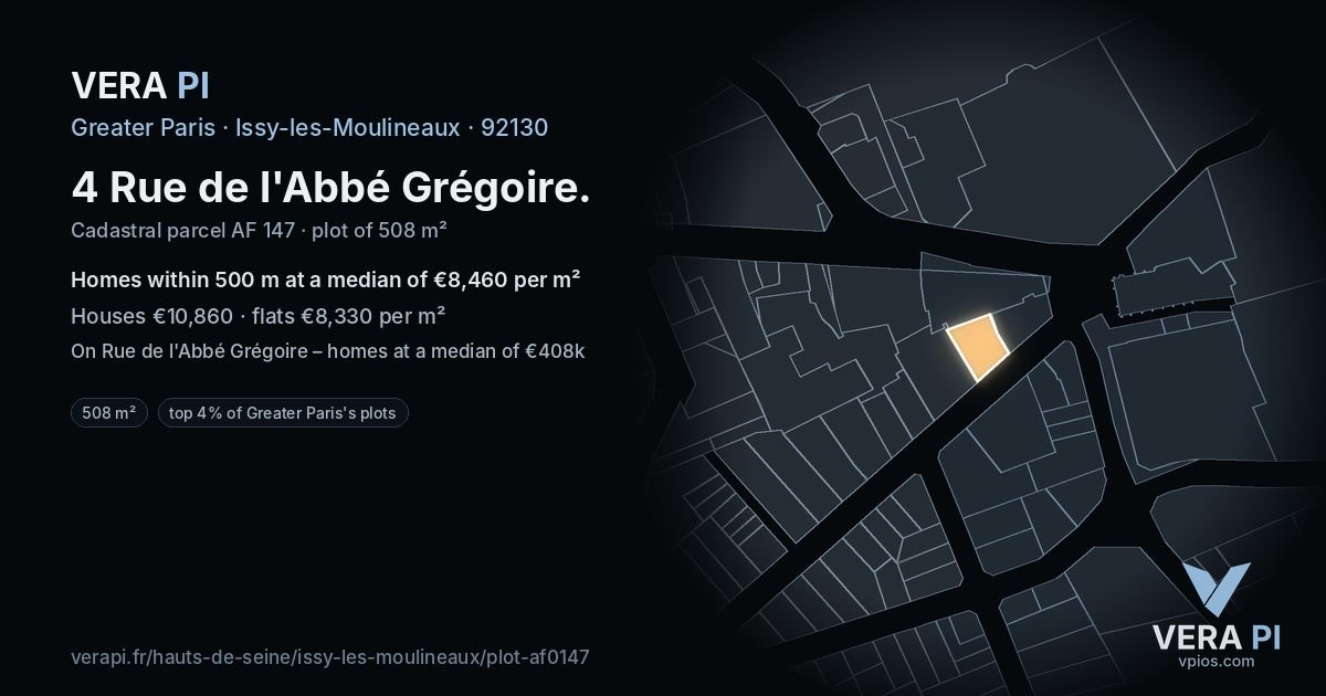 4 Rue de l'Abbé Grégoire, Issy-les-Moulineaux at night – the plot lit, the parcels around coloured by the prices near them
