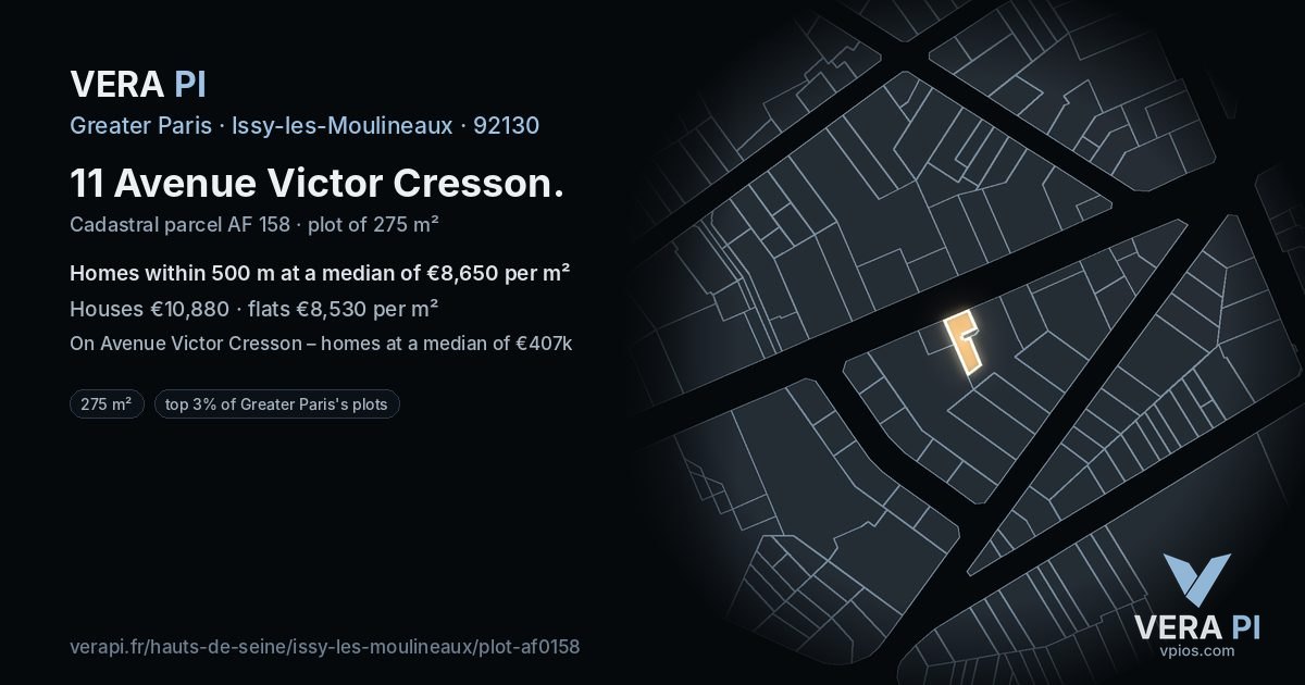 11 Avenue Victor Cresson, Issy-les-Moulineaux at night – the plot lit, the parcels around coloured by the prices near them