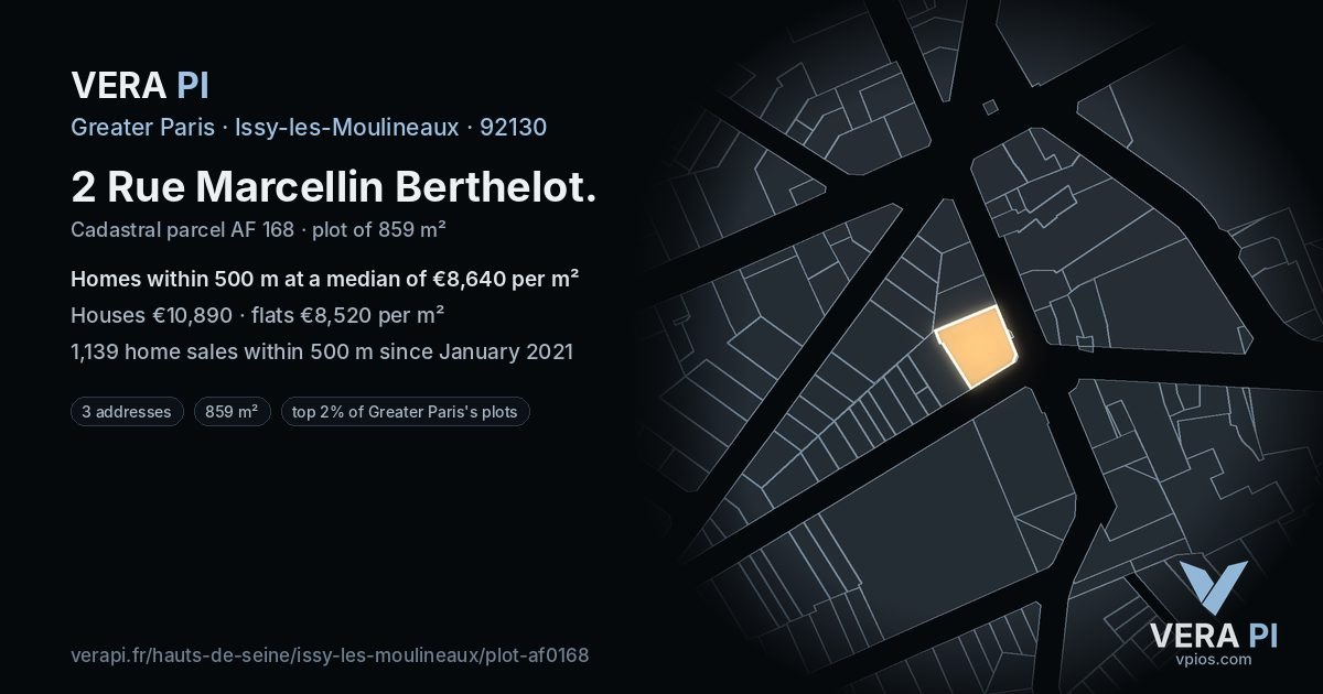 2 Rue Marcellin Berthelot, Issy-les-Moulineaux at night – the plot lit, the parcels around coloured by the prices near them