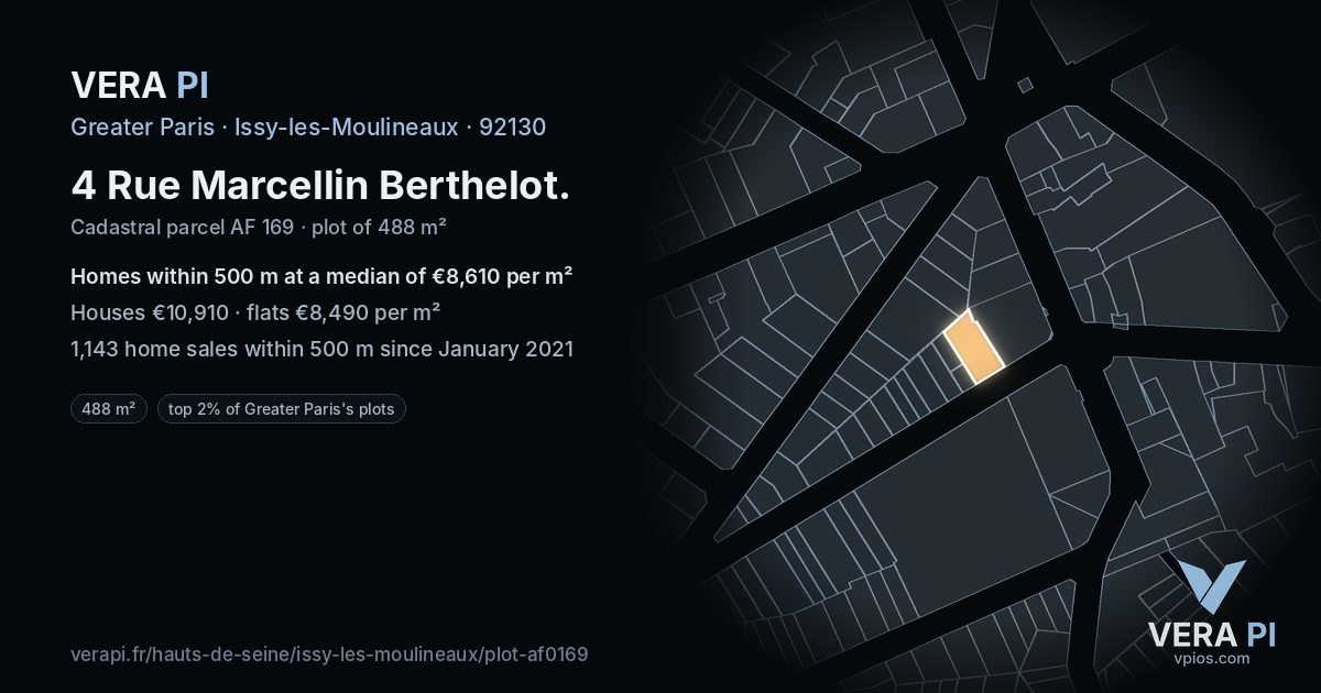 4 Rue Marcellin Berthelot, Issy-les-Moulineaux at night – the plot lit, the parcels around coloured by the prices near them