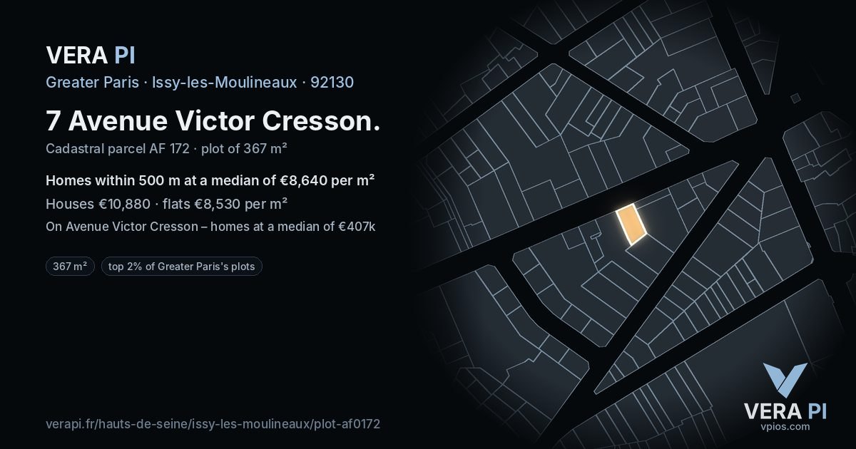 7 Avenue Victor Cresson, Issy-les-Moulineaux at night – the plot lit, the parcels around coloured by the prices near them