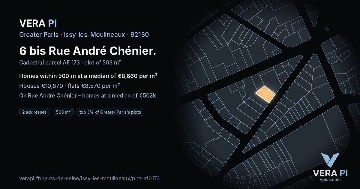 6 bis Rue André Chénier, Issy-les-Moulineaux at night – the plot lit, the parcels around coloured by the prices near them