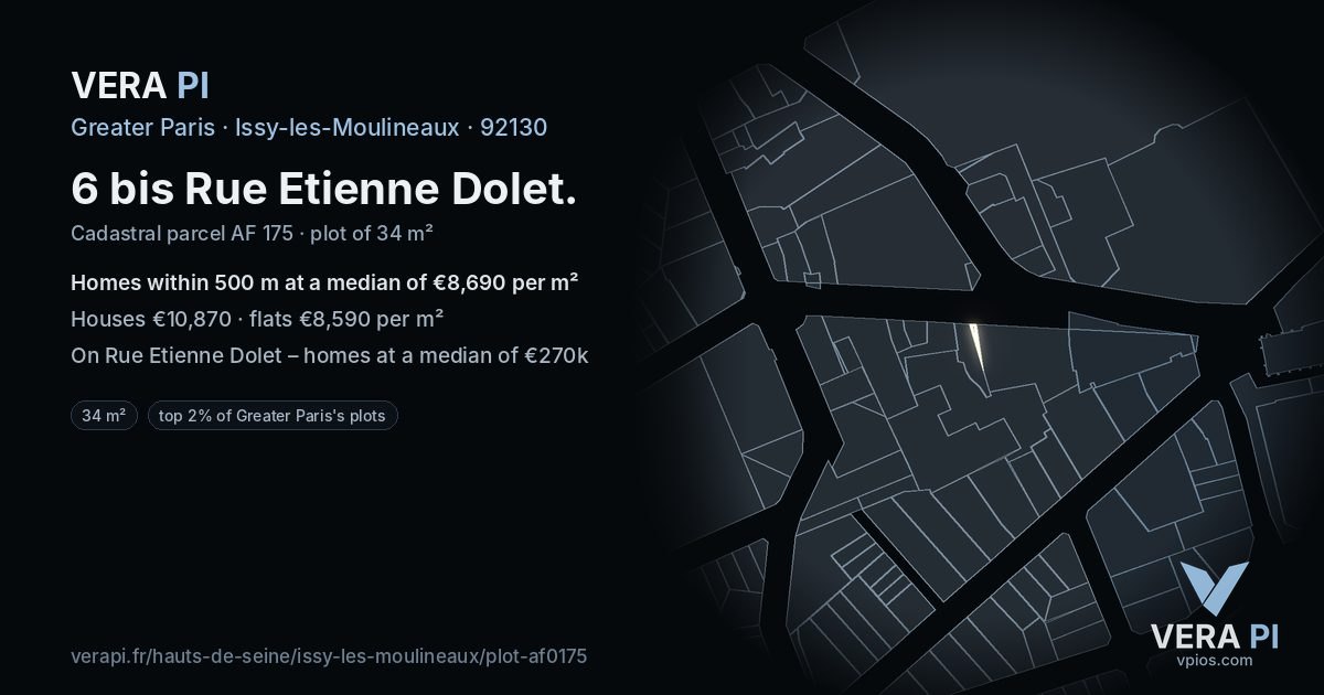 6 bis Rue Etienne Dolet, Issy-les-Moulineaux at night – the plot lit, the parcels around coloured by the prices near them