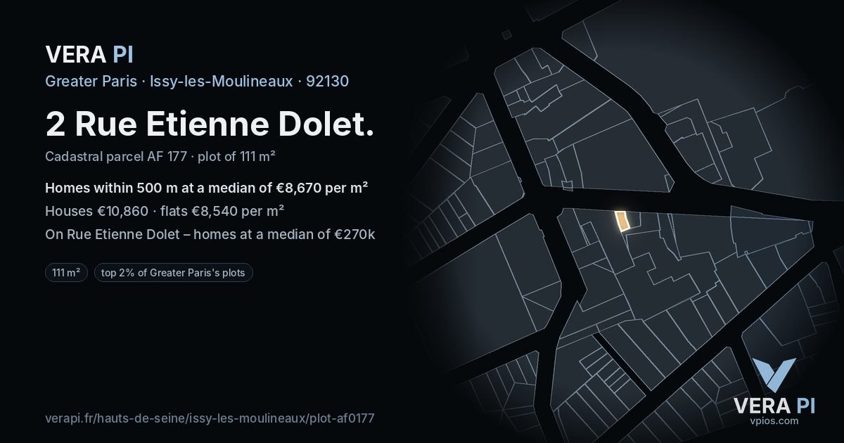 2 Rue Etienne Dolet, Issy-les-Moulineaux at night – the plot lit, the parcels around coloured by the prices near them