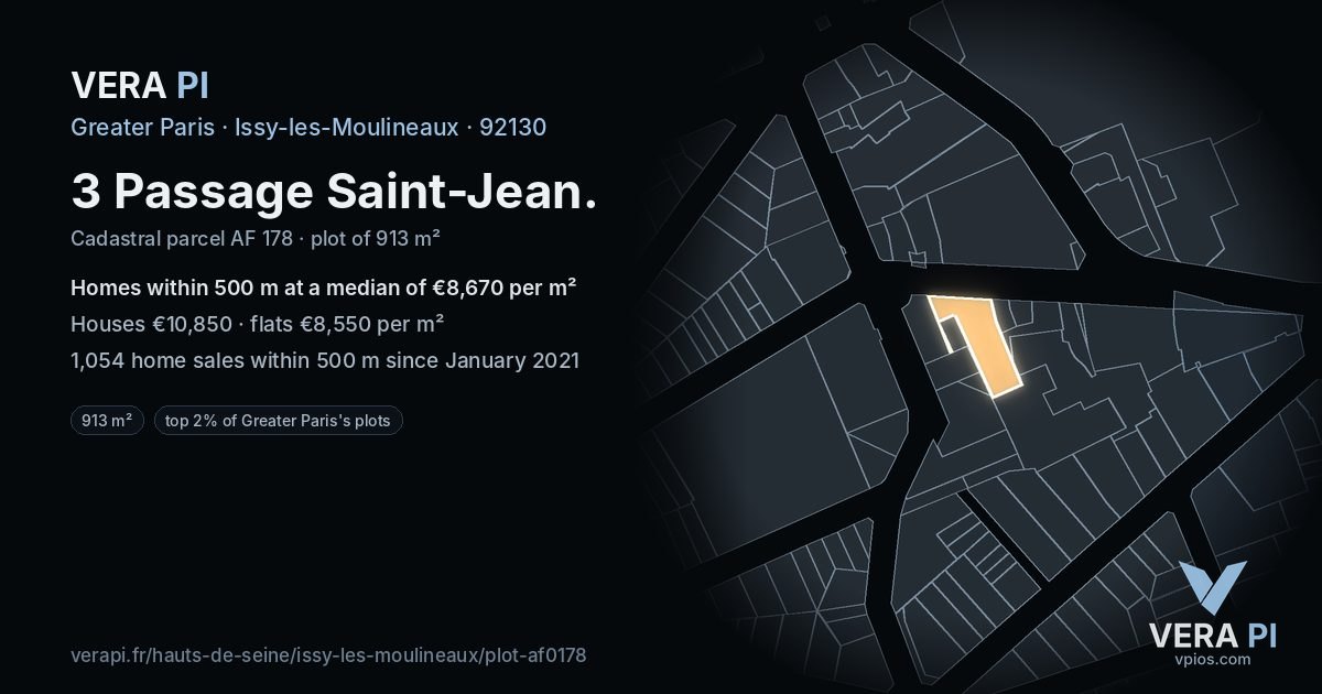 3 Passage Saint-Jean, Issy-les-Moulineaux at night – the plot lit, the parcels around coloured by the prices near them