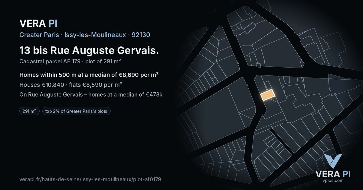 13 bis Rue Auguste Gervais, Issy-les-Moulineaux at night – the plot lit, the parcels around coloured by the prices near them