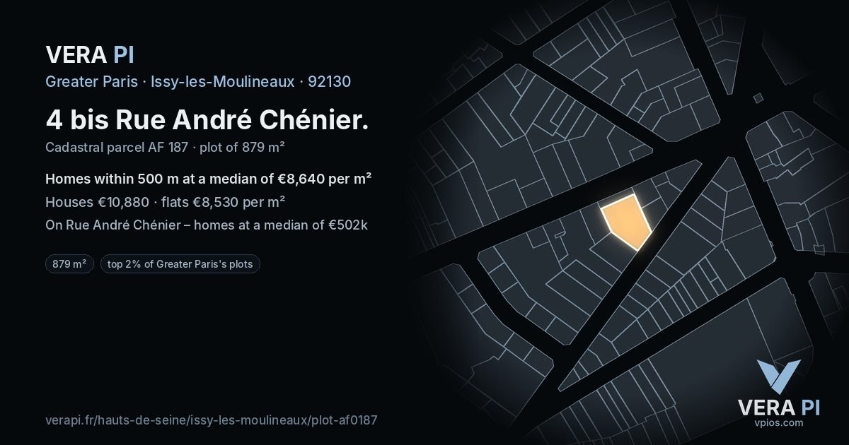4 bis Rue André Chénier, Issy-les-Moulineaux at night – the plot lit, the parcels around coloured by the prices near them