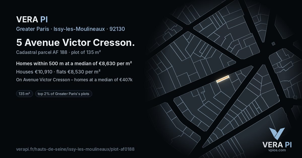 5 Avenue Victor Cresson, Issy-les-Moulineaux at night – the plot lit, the parcels around coloured by the prices near them