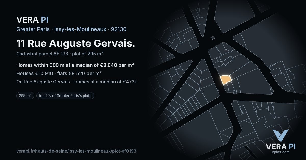 11 Rue Auguste Gervais, Issy-les-Moulineaux at night – the plot lit, the parcels around coloured by the prices near them
