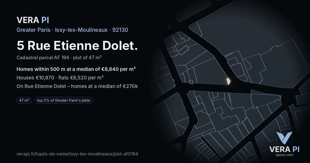 5 Rue Etienne Dolet, Issy-les-Moulineaux at night – the plot lit, the parcels around coloured by the prices near them