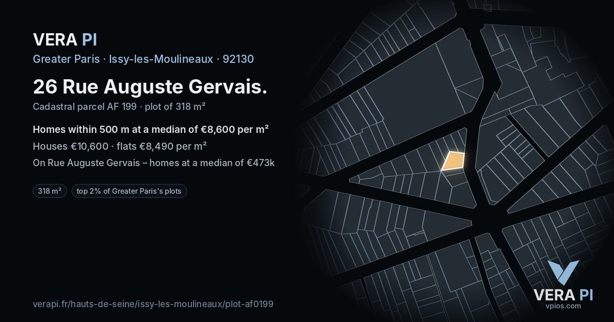 26 Rue Auguste Gervais, Issy-les-Moulineaux at night – the plot lit, the parcels around coloured by the prices near them