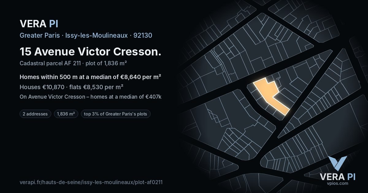 15 Avenue Victor Cresson, Issy-les-Moulineaux at night – the plot lit, the parcels around coloured by the prices near them
