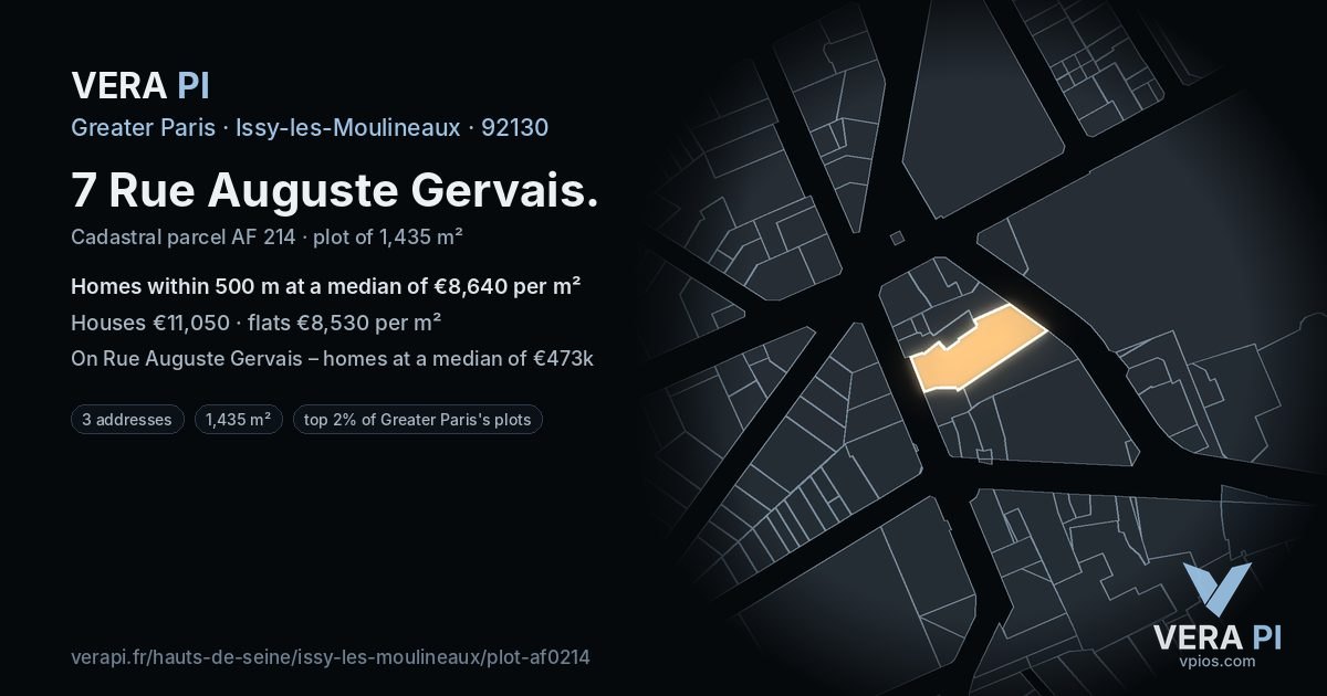 7 Rue Auguste Gervais, Issy-les-Moulineaux at night – the plot lit, the parcels around coloured by the prices near them