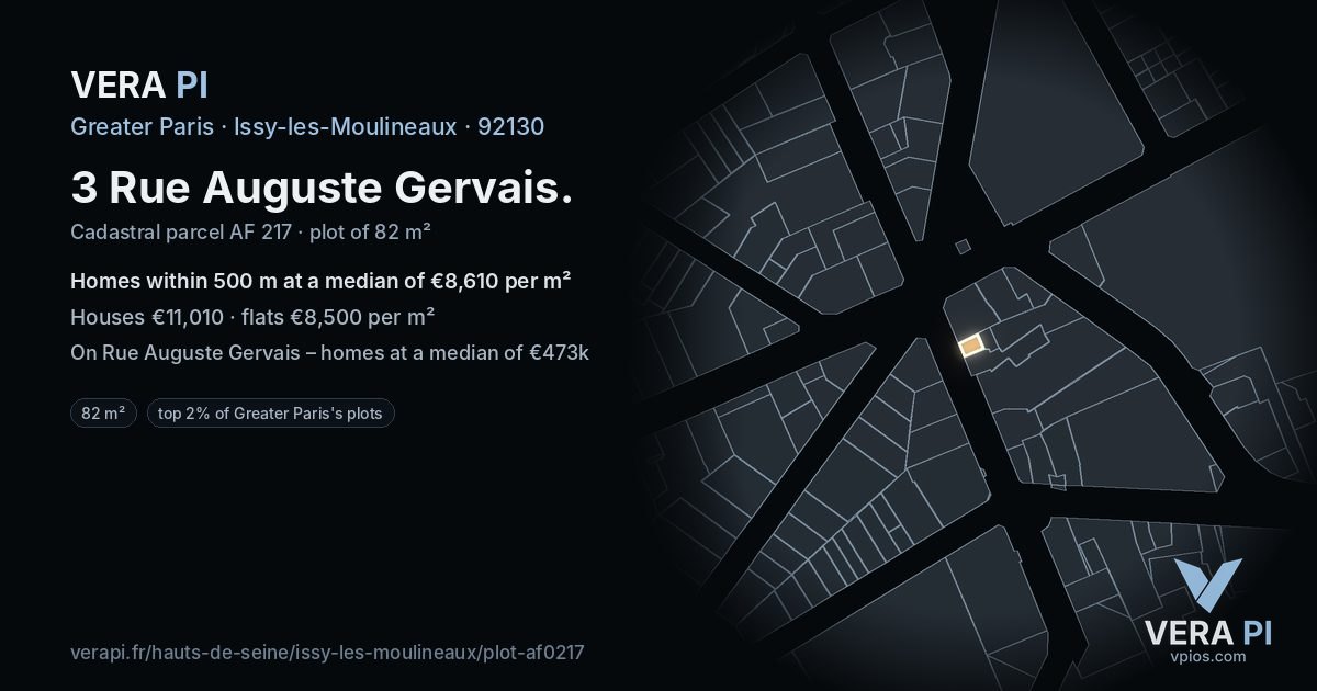3 Rue Auguste Gervais, Issy-les-Moulineaux at night – the plot lit, the parcels around coloured by the prices near them