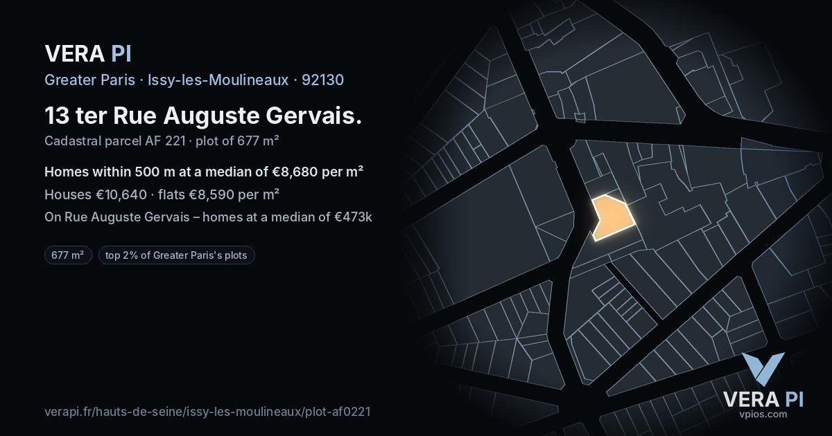 13 ter Rue Auguste Gervais, Issy-les-Moulineaux at night – the plot lit, the parcels around coloured by the prices near them
