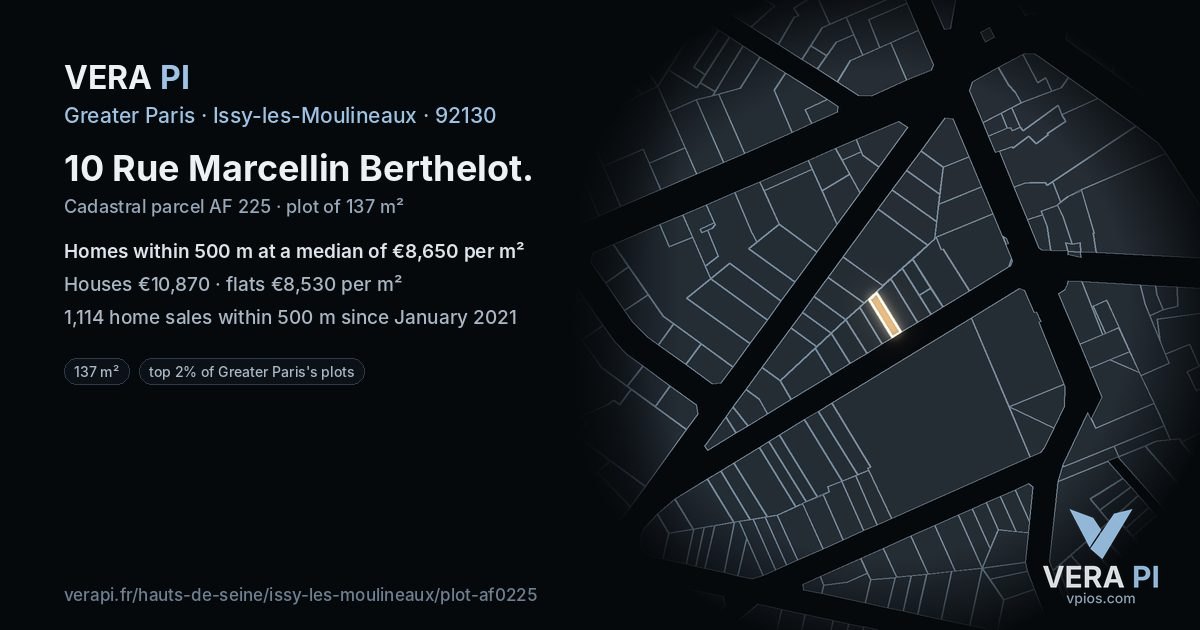 10 Rue Marcellin Berthelot, Issy-les-Moulineaux at night – the plot lit, the parcels around coloured by the prices near them