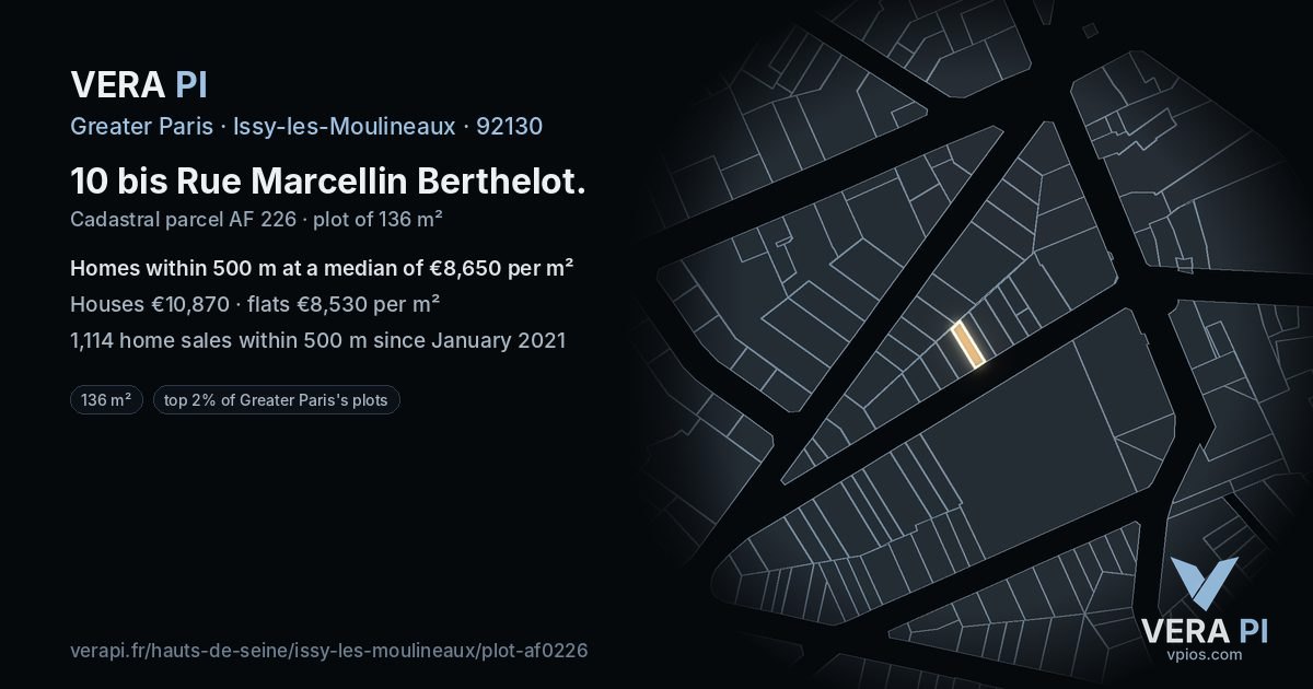 10 bis Rue Marcellin Berthelot, Issy-les-Moulineaux at night – the plot lit, the parcels around coloured by the prices near them