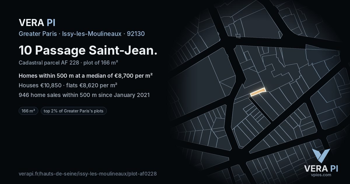 10 Passage Saint-Jean, Issy-les-Moulineaux at night – the plot lit, the parcels around coloured by the prices near them