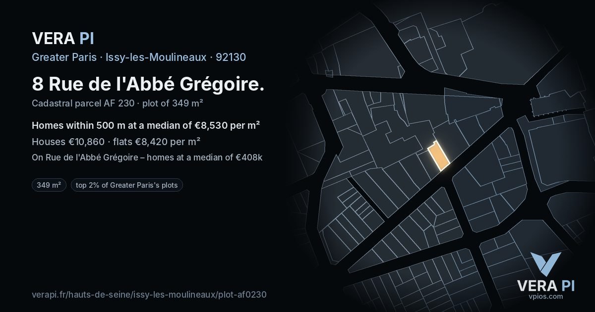 8 Rue de l'Abbé Grégoire, Issy-les-Moulineaux at night – the plot lit, the parcels around coloured by the prices near them