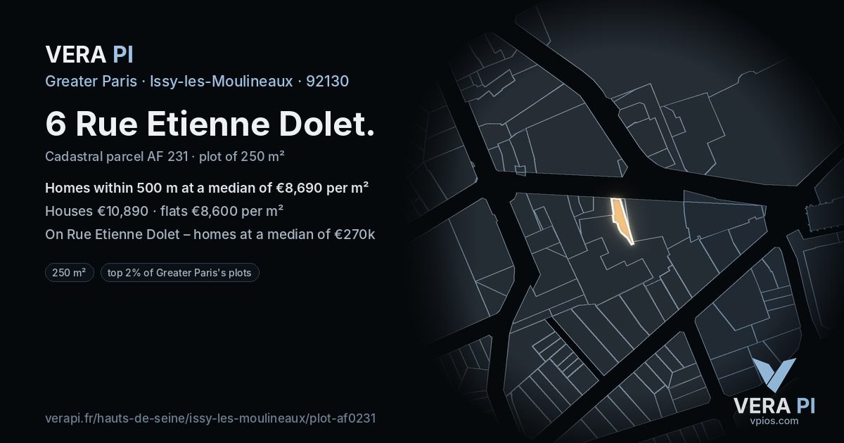 6 Rue Etienne Dolet, Issy-les-Moulineaux at night – the plot lit, the parcels around coloured by the prices near them