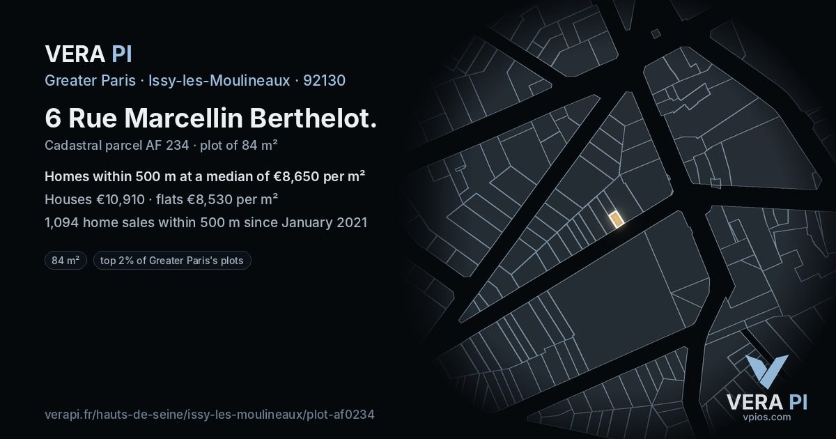 6 Rue Marcellin Berthelot, Issy-les-Moulineaux at night – the plot lit, the parcels around coloured by the prices near them