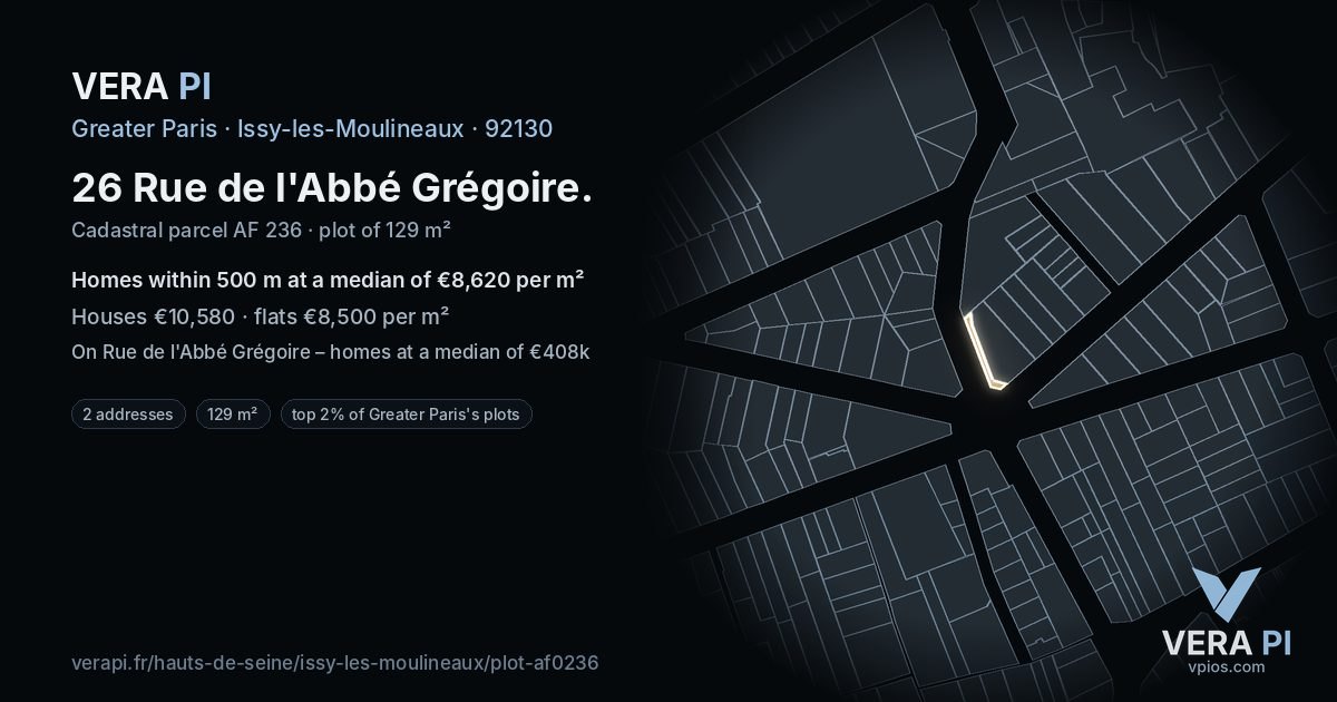 26 Rue de l'Abbé Grégoire, Issy-les-Moulineaux at night – the plot lit, the parcels around coloured by the prices near them